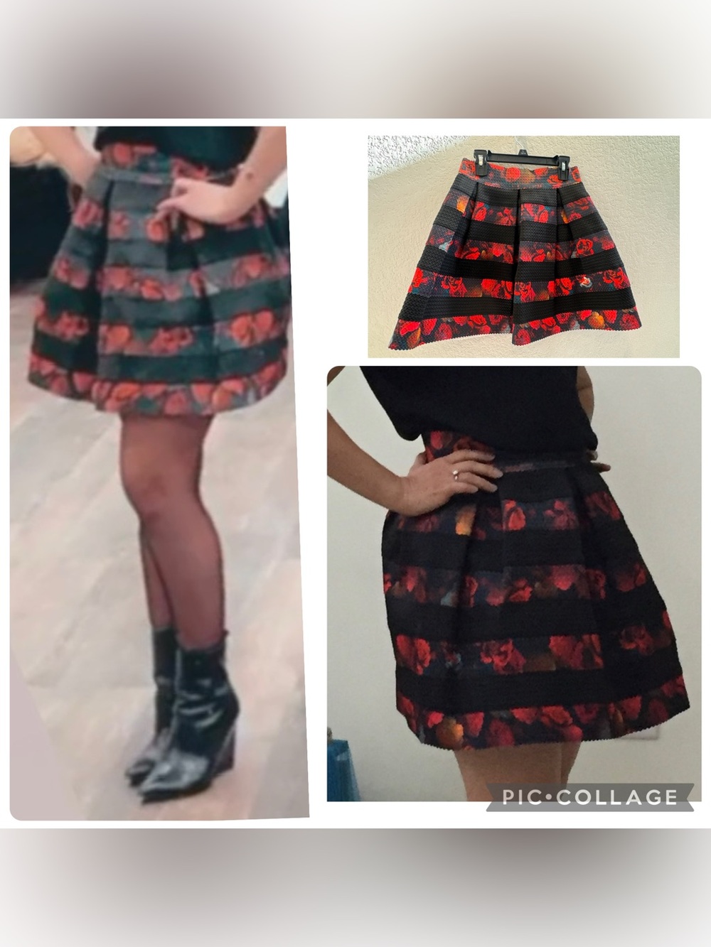 Red floral and Black Knee-Length A-Line Pleated Skirt